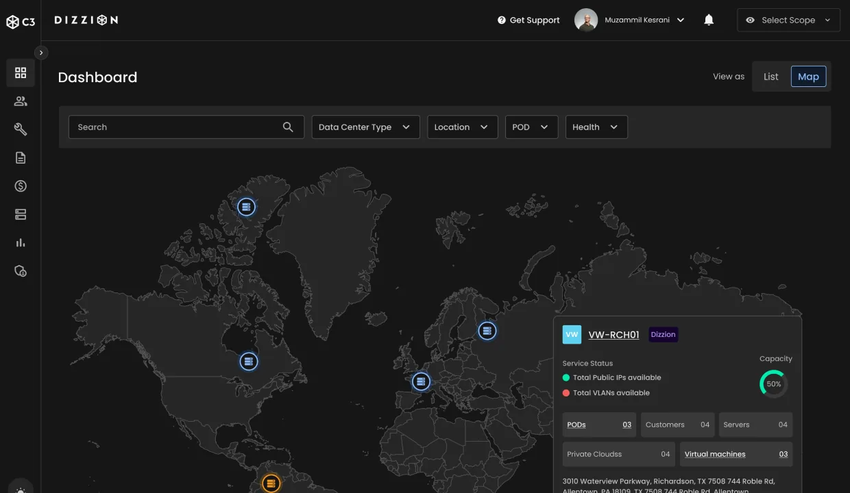 Dizzion C3 Dashboard · Map view (dark theme), same world map, same status pins, same expanded VW-RCH01 card with capacity ring at 50% and PODs / Customers / Servers / Virtual Machines counts. The dark variant uses the same components, density, and IA, proving the dual-theme system from the surface where the trial converted.