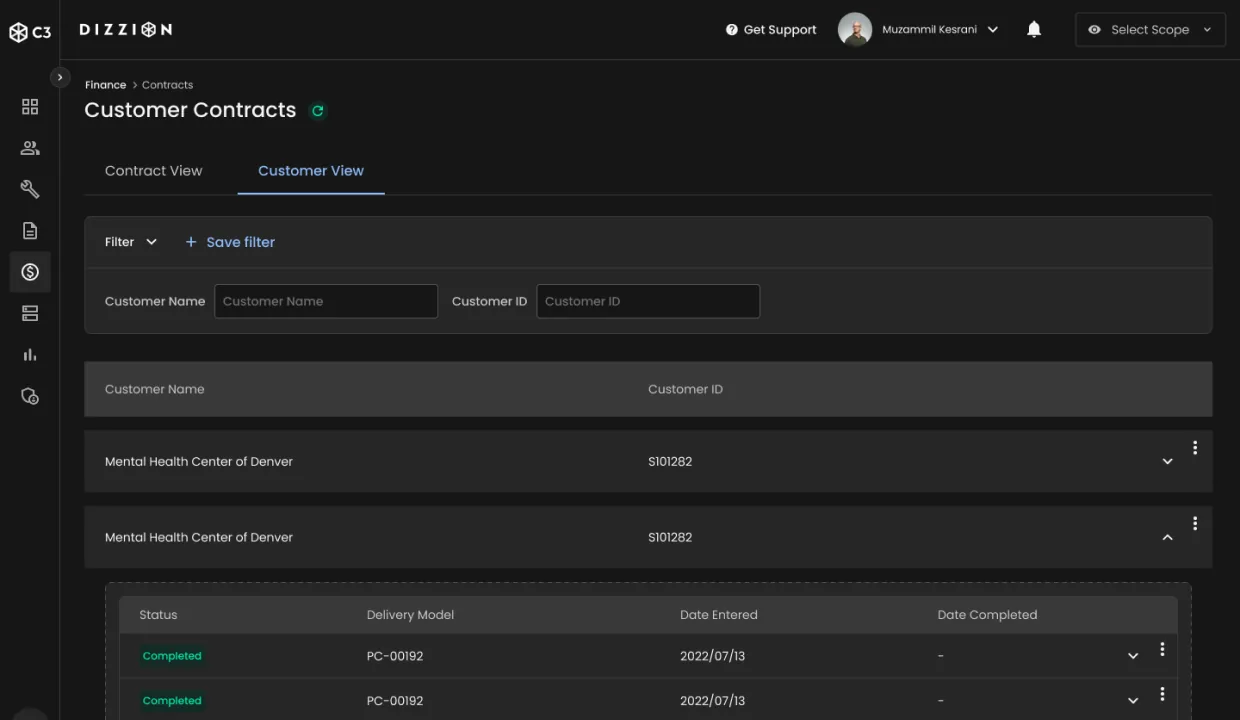 Dizzion C3 Finance · Customer Contracts. Finance / Contracts breadcrumb, Contract View / Customer View tabs (Customer View selected), Filter + Save filter row with Customer Name and Customer ID fields, and an expandable row for Mental Health Center of Denver (S101282) opened to reveal Status / Delivery Model / Date Entered / Date Completed columns with Completed status pills