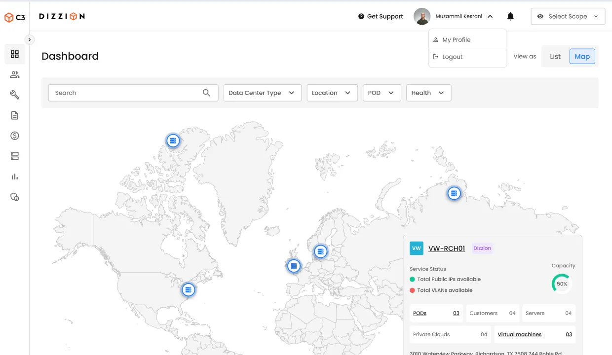 Dizzion C3 Dashboard · Map view (light theme). DIZZION wordmark with C3 mark, Get Support and user profile in the topbar, a world map with status-coded pins on data centers, search + four scope filters (Data Center Type, Location, POD, Health), List/Map view toggle, and an expanded VW-RCH01 inline card showing service status, 50% capacity, and PODs / Customers / Servers / Private Clouds / Virtual Machines counts