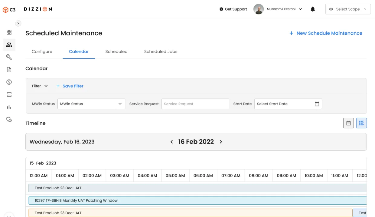 Dizzion C3 Scheduled Maintenance · Calendar / Timeline (light theme). Configure / Calendar / Scheduled / Scheduled Jobs tabs, Filter + Save filter row with MWin Status / Service Request / Start Date selectors, calendar/timeline toggle, and a Wednesday Feb 16 timeline grid of maintenance windows (Test Prod Job 23 Dec-UAT, 10297 TP-SBHIS Monthly UAT Patching Window) plotted across the 12 AM – 12 PM hour rail