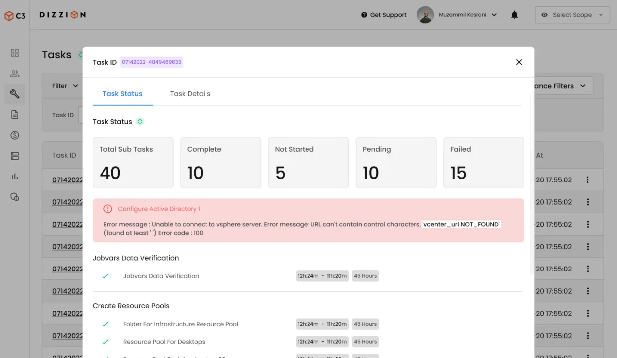 Dizzion C3 Customer Build · Task ID modal (light theme). Task Status detail surface from inside the Build stage, shows the same wizard, inputs, status pills, and breadcrumb-driven navigation as the rest of C3, proving the wizard pattern propagates through every long-form intake the platform exposes.