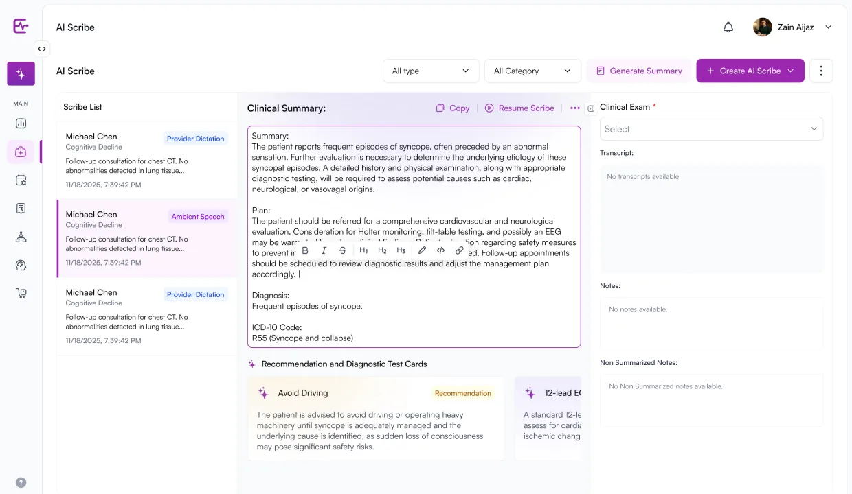 Elkra AI Scribe, clinical summary, plan and diagnosis from a recording; provider dictation and ambient speech list; recommendation cards for follow-up tests