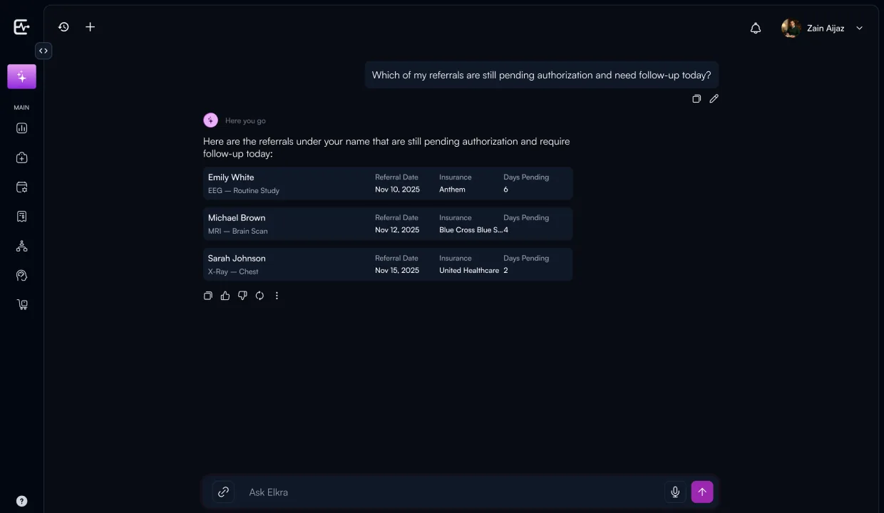 Elkra AI Copilot · output state, chat surface scoped to the clinic, with attach-file, suggested categories (Protocol, Reports, Referral, Management, Patient, Infusion), and an Ask-Elkra input