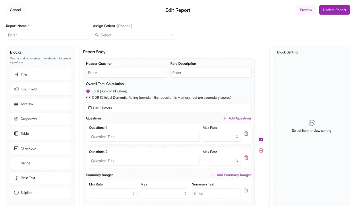 Elkra form builder · Edit Report, left palette with primitive blocks (Title, Input Field, Text Box, Dropdown, Table, Checkbox, Range, Plain Text, Skipline), centre Report Body editor with Header Question / Rate Description / overall total calculation / questions / summary ranges, right Block Setting panel