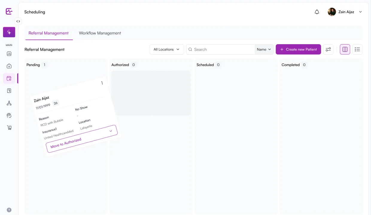 Elkra Scheduling · Referral Management Kanban. Pending / Authorized / Scheduled / Completed columns with referral cards