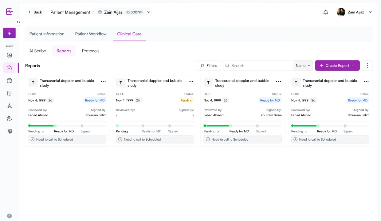 Elkra Patient Management surface. Patient Information / Patient Workflow / Clinical Care tabs with sub-tabs for AI Scribe / Reports / Protocols; reports cards with pending → ready for MD → signed progression