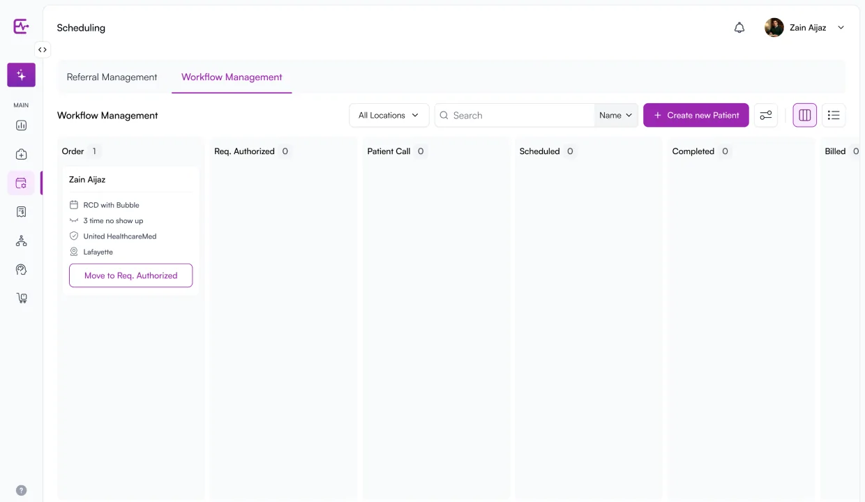 Elkra Scheduling · Workflow Management Kanban. Order / Req. Authorized / Patient Call / Scheduled / Completed / Billed columns; patient cards with reason, insurance, location, and stage-promotion affordance