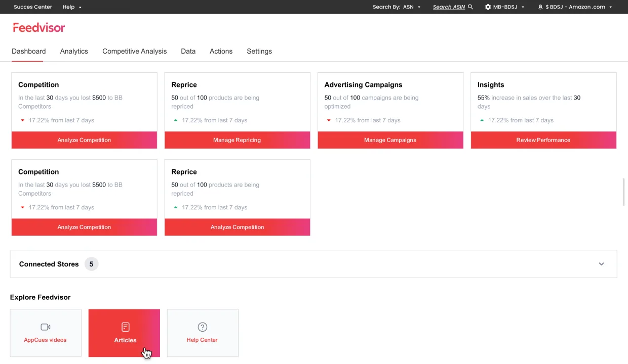 Feedvisor enterprise dashboard, top nav with Dashboard, Analytics, Competitive Analysis, Data, Actions, Settings; scorecard cards for Competition, Reprice, Advertising Campaigns, Insights with delta indicators and primary CTAs (Analyze Competition, Manage Repricing, Manage Campaigns, Review Performance); Connected Stores section; Explore Feedvisor with AppCues videos, Articles, Help Center
