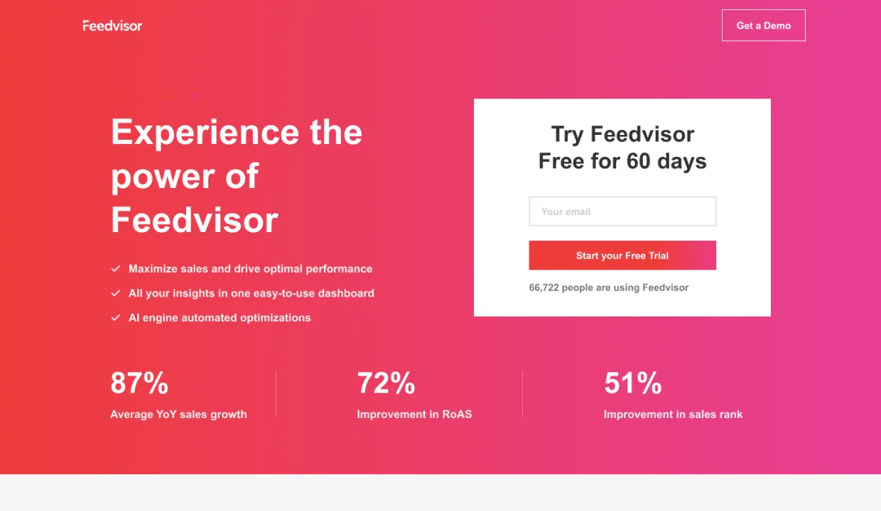 Feedvisor marketing landing page variant designed for Google Ads campaigns. KPI-led layout for high conversion