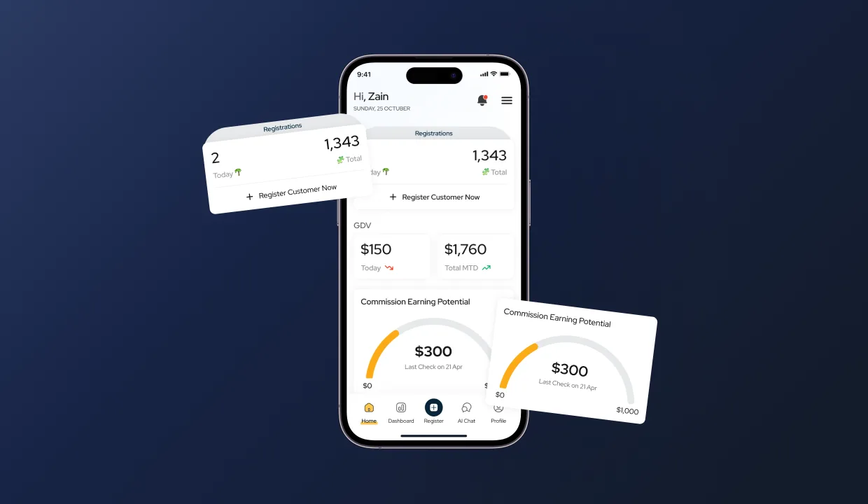 HomeRemitt agent home screen, registrations card, monthly GDV card, commission meter, recent activity feed