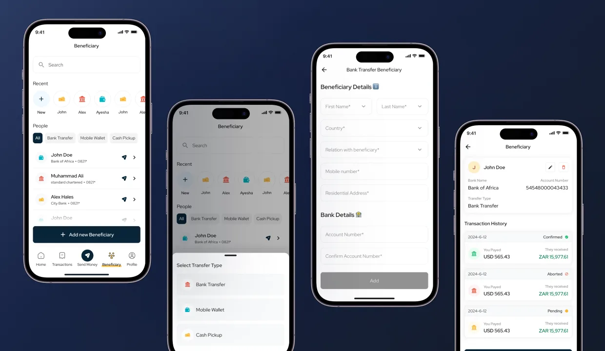 HomeRemitt beneficiaries screen, list of saved recipients with custom icons for bank transfer, mobile wallet, cash pickup