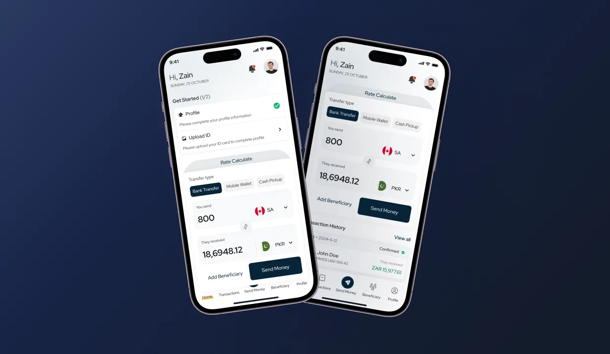 HomeRemitt customer home screen, rate calculator hero, transfer types, recent transactions, profile completion prompt