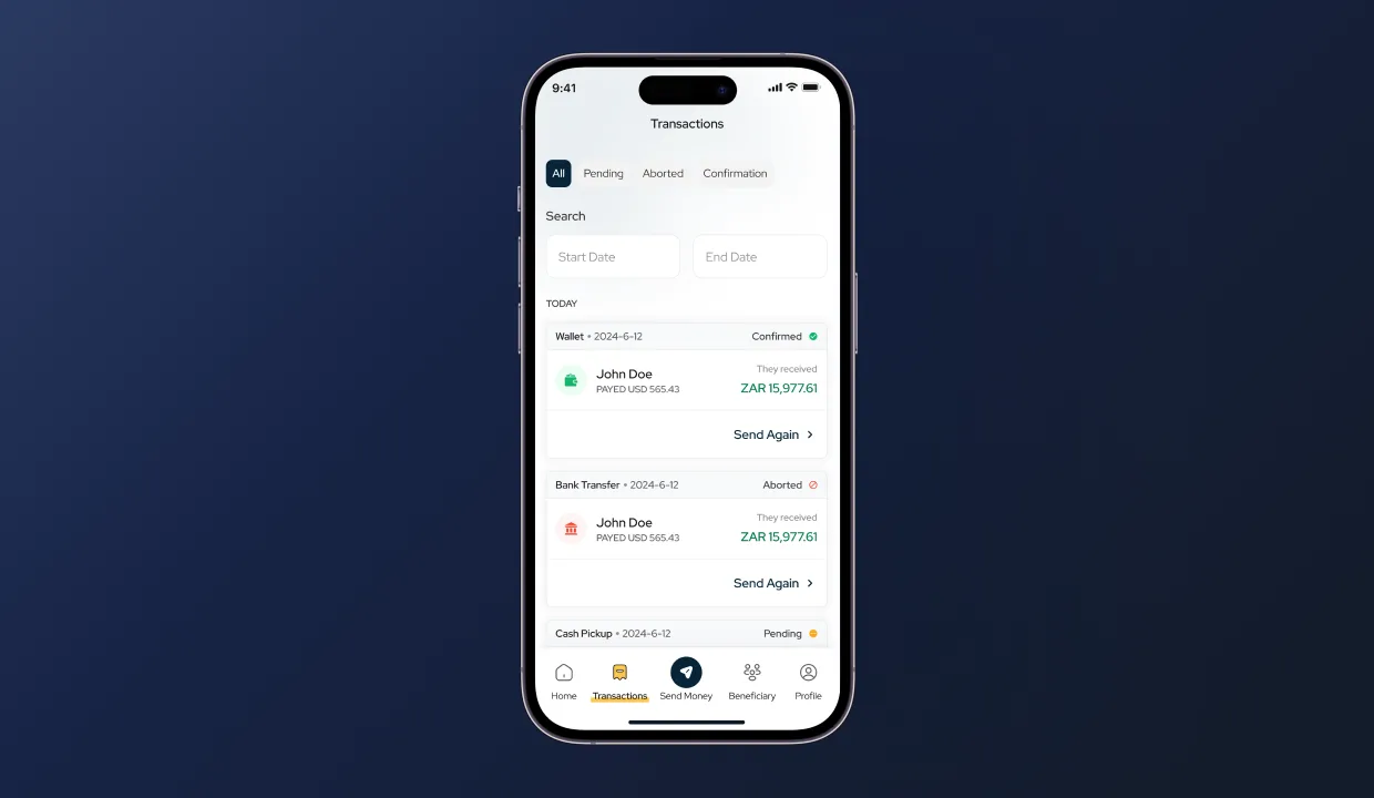 HomeRemitt transactions screen, filter chips (pending, terminated, canceled), transaction cards with recipient, amount, type, status