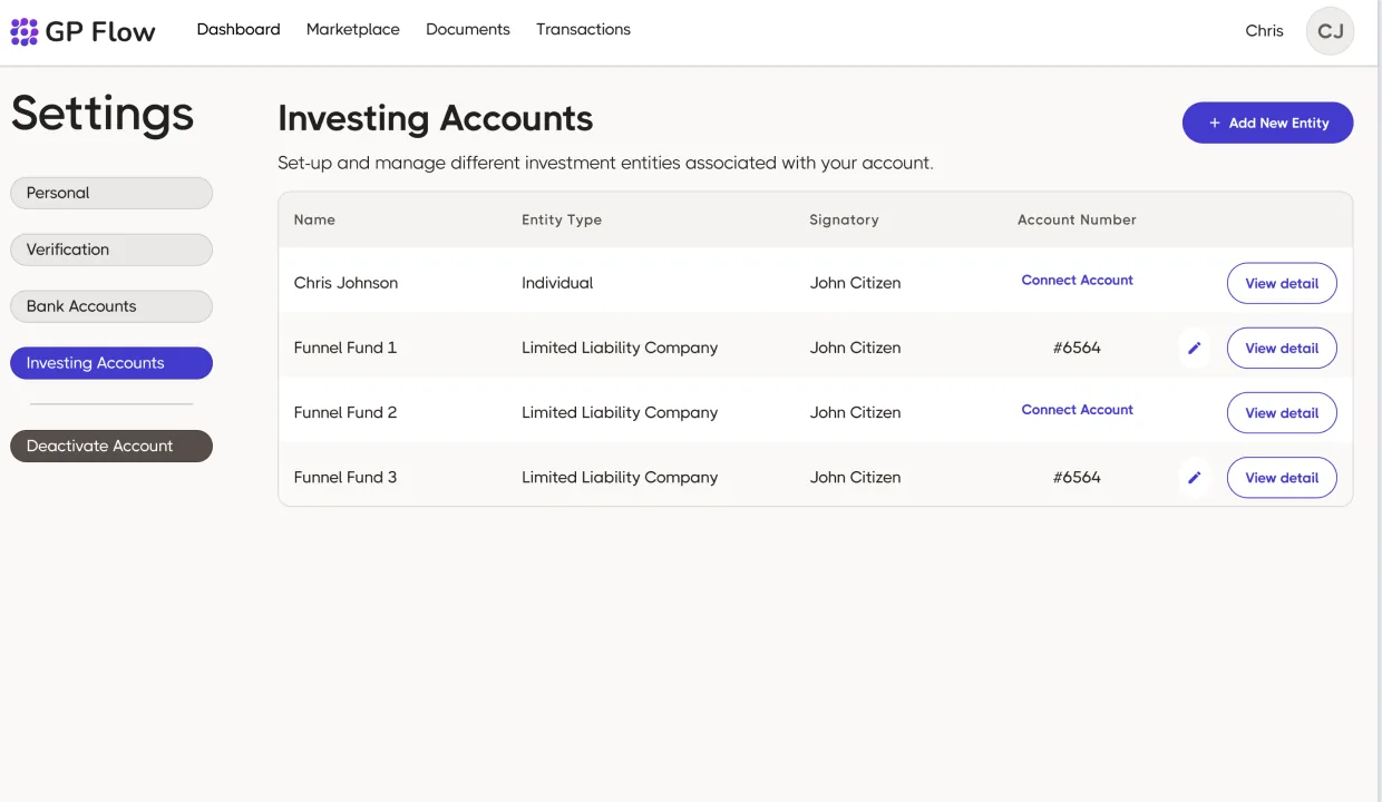 GP Flow Settings · Investing Accounts, left rail nav (Personal · Verification · Bank Accounts · Investing Accounts · Deactivate Account), Investing Accounts table with Name / Entity Type / Signatory / Account Number / View detail columns, listing Chris Johnson (Individual), Funnel Fund 1/2/3 (Limited Liability Company), each row showing either a Connect Account link or an account number with edit pencil, plus a top-right + Add New Entity CTA