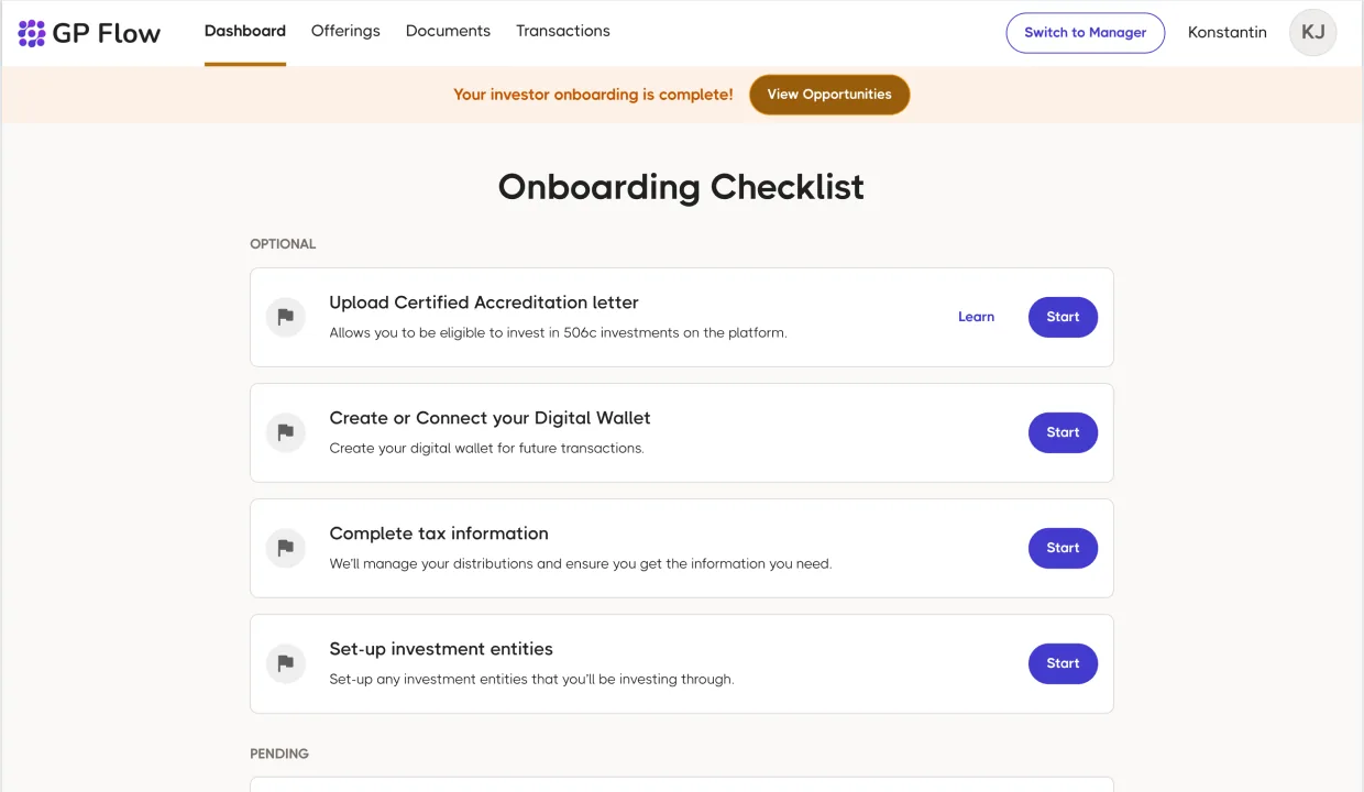 GP Flow Onboarding Checklist, orange &lsquo;Your investor onboarding is complete!&rsquo; banner with a View Opportunities CTA, then an Optional list of cards (Upload Certified Accreditation Letter, Create or Connect your Digital Wallet, Complete tax information, Set-up investment entities) each with a Start CTA, plus a Pending section below