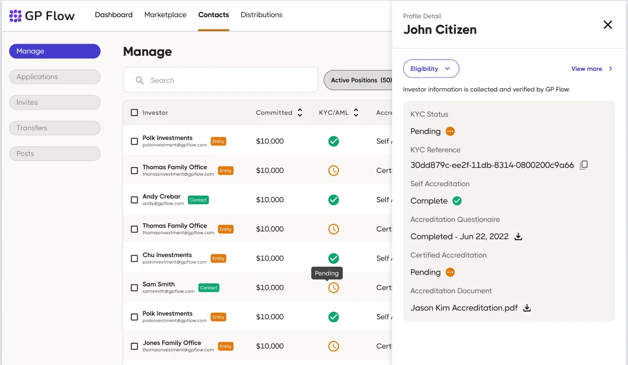 GP Flow Sponsor · Manage Investors with contact side panel, investor list on the left, side-panel detail on the right with profile, activity history, allocations, and notes, shareable URL for each contact, no overlay
