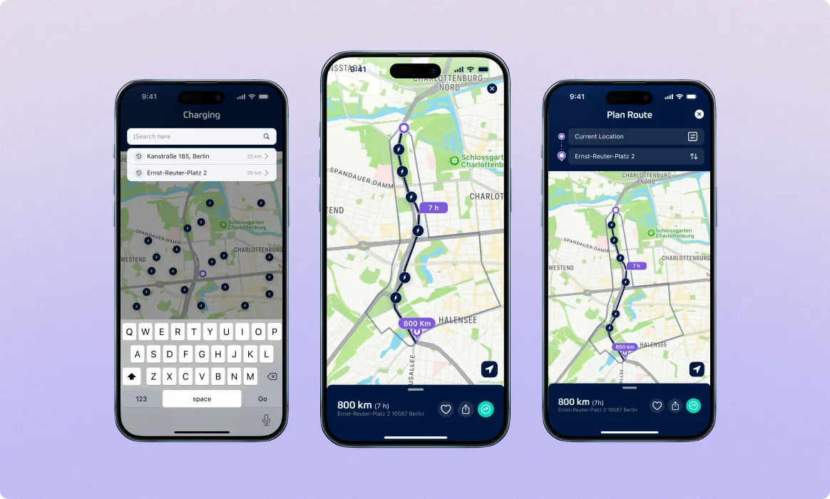 Lity Stations module, three phones showing destination search input, the live route map with charging stops, and the route planner summary with EV-aware navigation