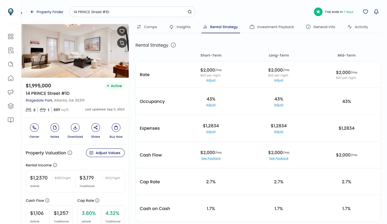 Mashvisor rental strategy calculator, short-term/long-term toggle, cash/financed scenarios, inputs and outputs side-by-side with payback projection updating live
