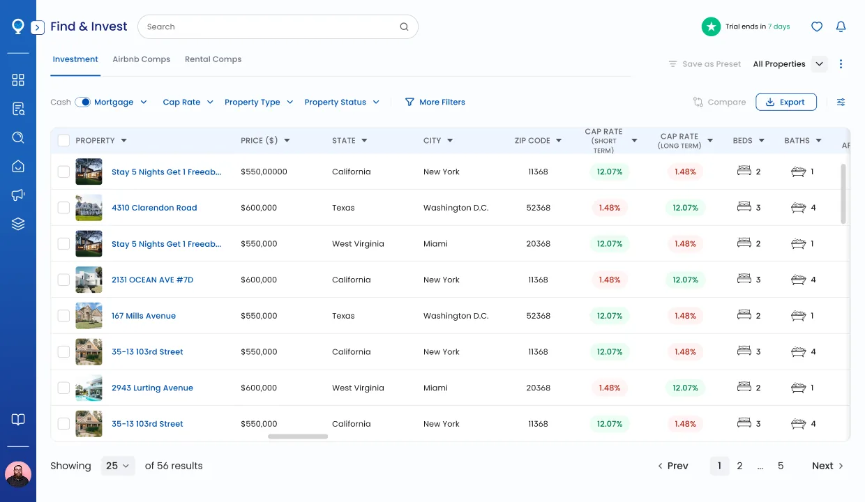 Mashvisor listing tables, filter chips, sortable columns, hover popup with property preview