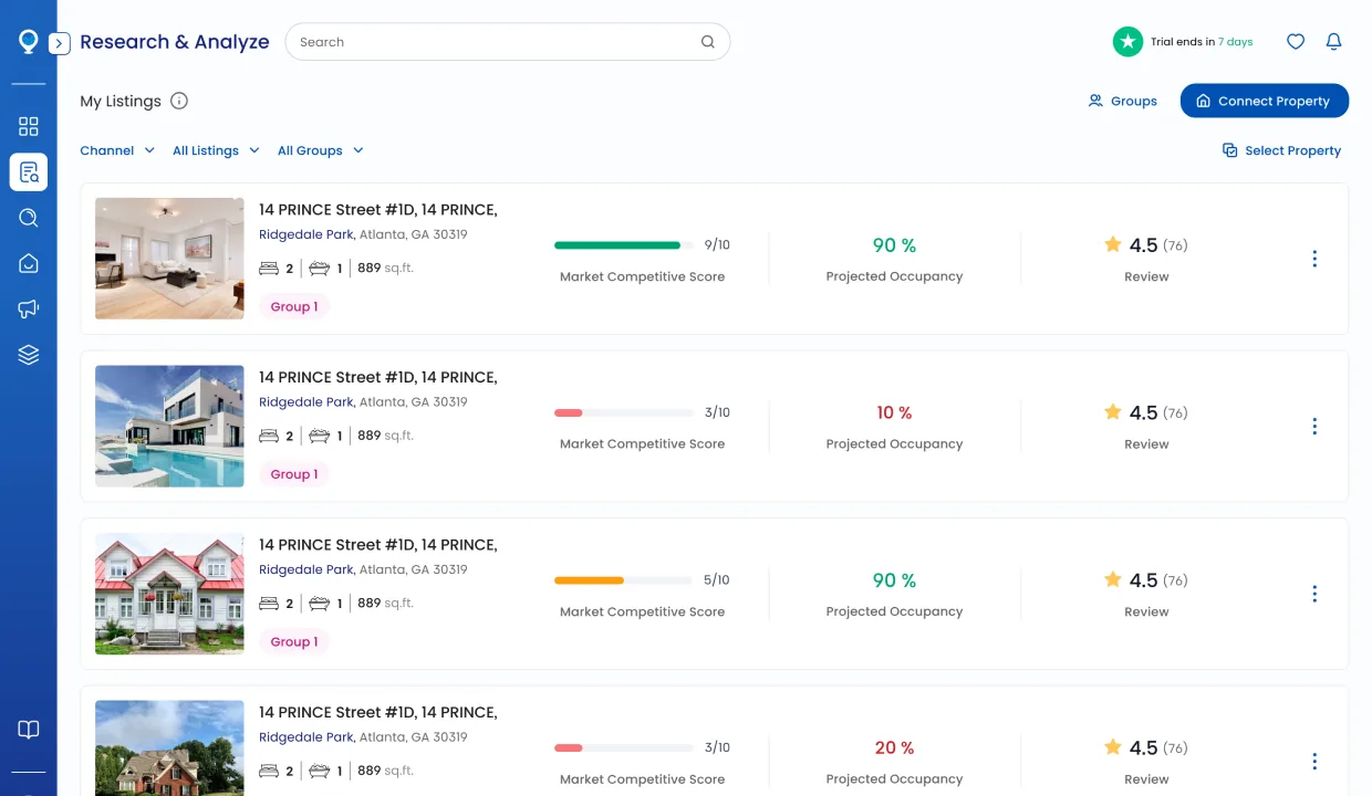 Mashvisor research and analyze surface. Airbnb account sync card, monthly revenue trends bar chart, KPI side panel, occupancy by listing breakdown