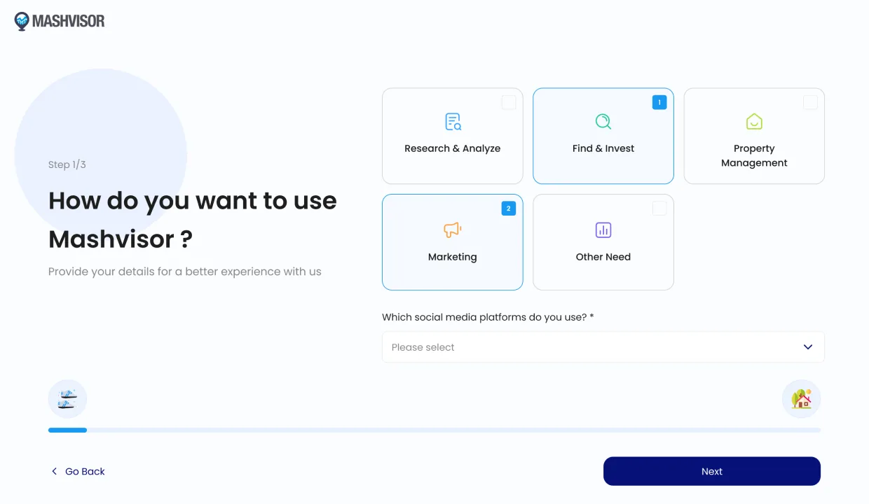 Mashvisor signup stepper Step 1 of 3, &lsquo;How do you want to use Mashvisor?&rsquo; with use-case selection cards: Research & Analyze, Find & Invest, Property Management, Marketing, Other Need, with progress indicator at bottom