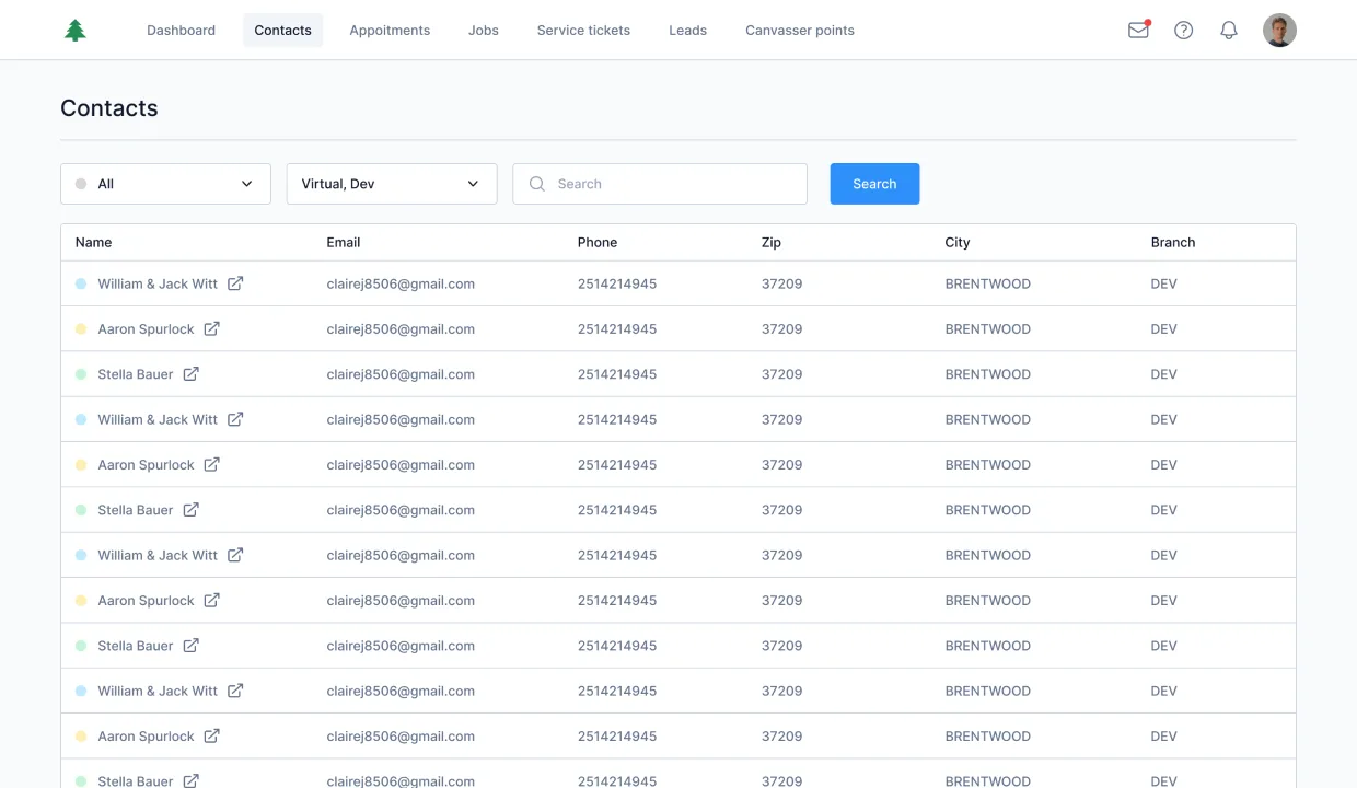 Midtown CRM Contacts module, searchable, filterable directory with Name, Email, Phone, Zip, City, Branch columns and lead-status indicators