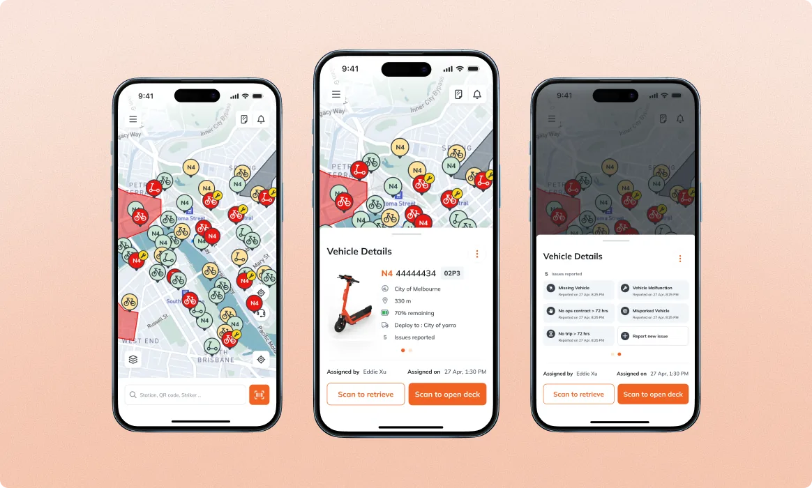 Neuron operator app, three phones showing the dense fleet map view with operator-specific pins, the vehicle detail with maintenance actions, and an alternate operator detail layout