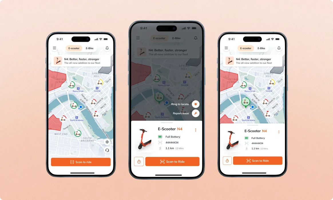 Neuron rider app, three phones showing the home map with a scooter selected, the vehicle detail bottom sheet, and an alternate detail layout for ride start