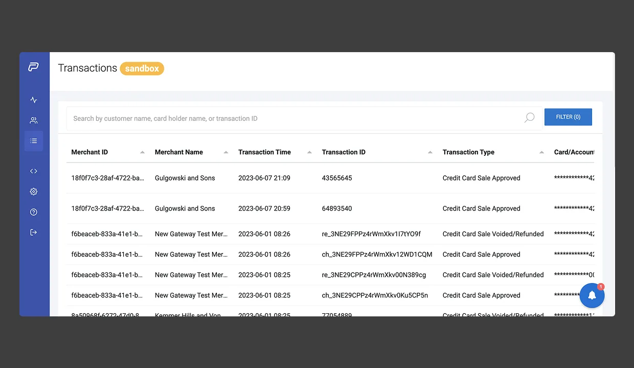 Old PayEngine transactions table, dense columns with low contrast status indicators and limited inline actions