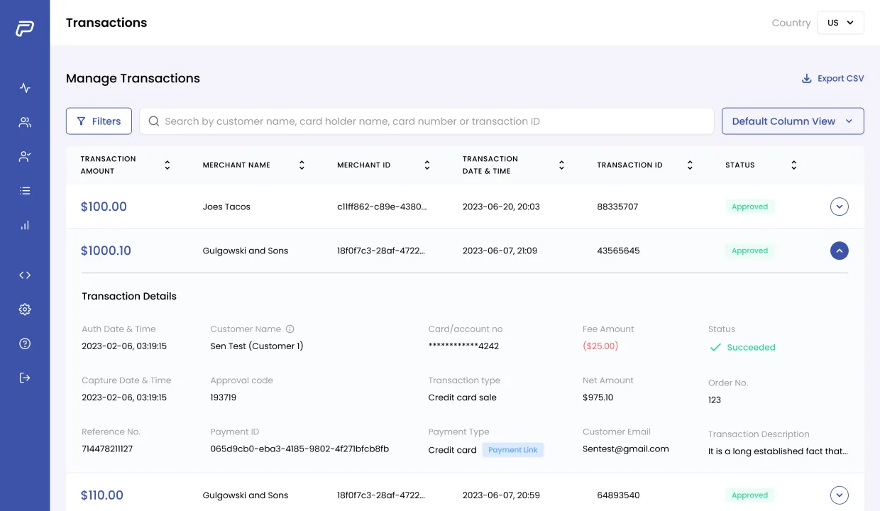 PayEngine Transactions, after the revamp: a modernized table with clear status pills, sortable columns, inline actions, and improved scannability