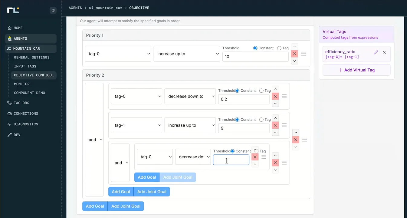 Before · MVP Optimize agent objective configuration, flat priority cards, raw tag dropdowns, side-panel forms that didn't scale