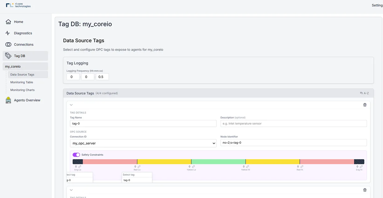 Before · MVP Tag DB Safety Constraints, single continuous rainbow gradient with placeholder zeros for engineering limits