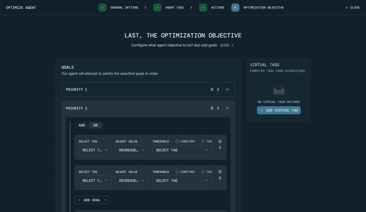 RLCore Agent · Optimize · Optimization Objective step. General Setting · Agent Tags · Actions · Optimization Objective wizard, prioritized goals (Priority 1, Priority 2) with AND/OR logic, Select Tag · Adjust Value · Threshold rows, and a Virtual Tags side panel for computed tags from expressions