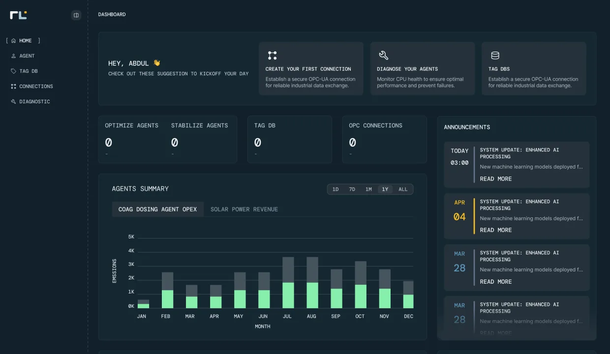 RLCore Dashboard, operator greeting, three suggestion cards (Create Connection, Diagnose Agents, Tag DBs), four KPI tiles (Optimize Agents, Stabilize Agents, Tag DB, OPC Connections), Agents Summary chart (COAG Dosing Agent OPEX in mint-green bars), and a System Update announcements rail with timestamped entries