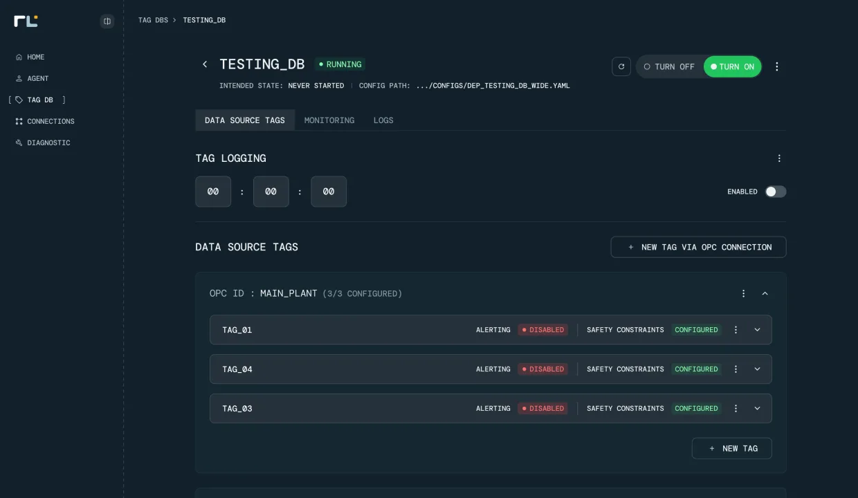 RLCore TagDB · testing_db detail. Running status pill, Turn Off / Turn On controls, Data Source Tags · Monitoring · Logs tabs, Tag Logging timer (HH:MM:SS), and OPC ID Main_Plant rows showing per-tag Alerting and Safety Constraints status with explicit Configured / Disabled badges