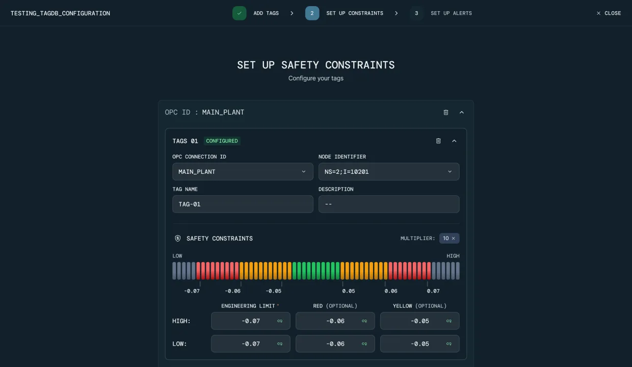 RLCore. Safety Constraints wizard with red/yellow/grey engineering-limit zones