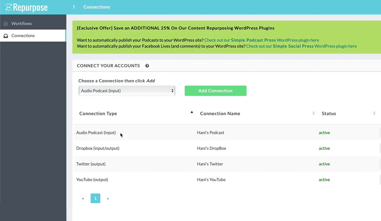 Before · Connections page with input and output mashed into one table, no role distinction