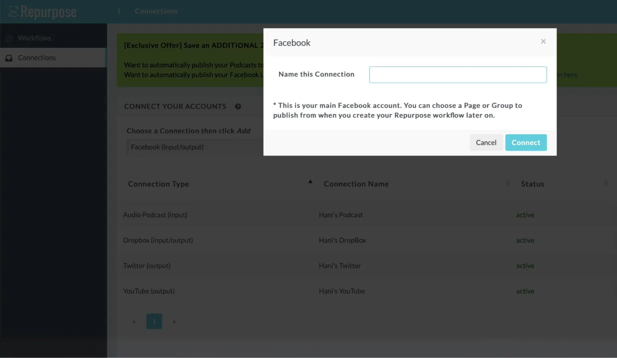 Before · Connect Facebook modal opening over a dimmed page, modal-heavy navigation