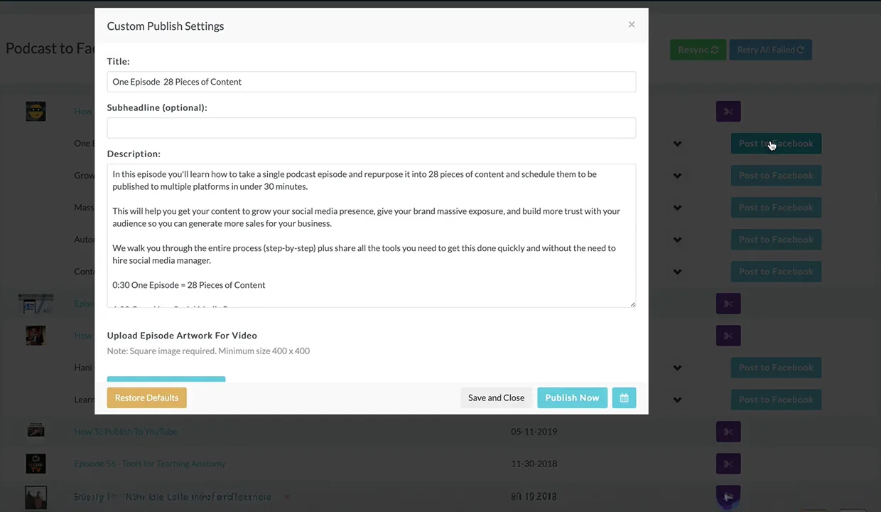 Before · Custom Publish Settings modal stuffed with title, subhead, description, artwork upload, and platform buttons