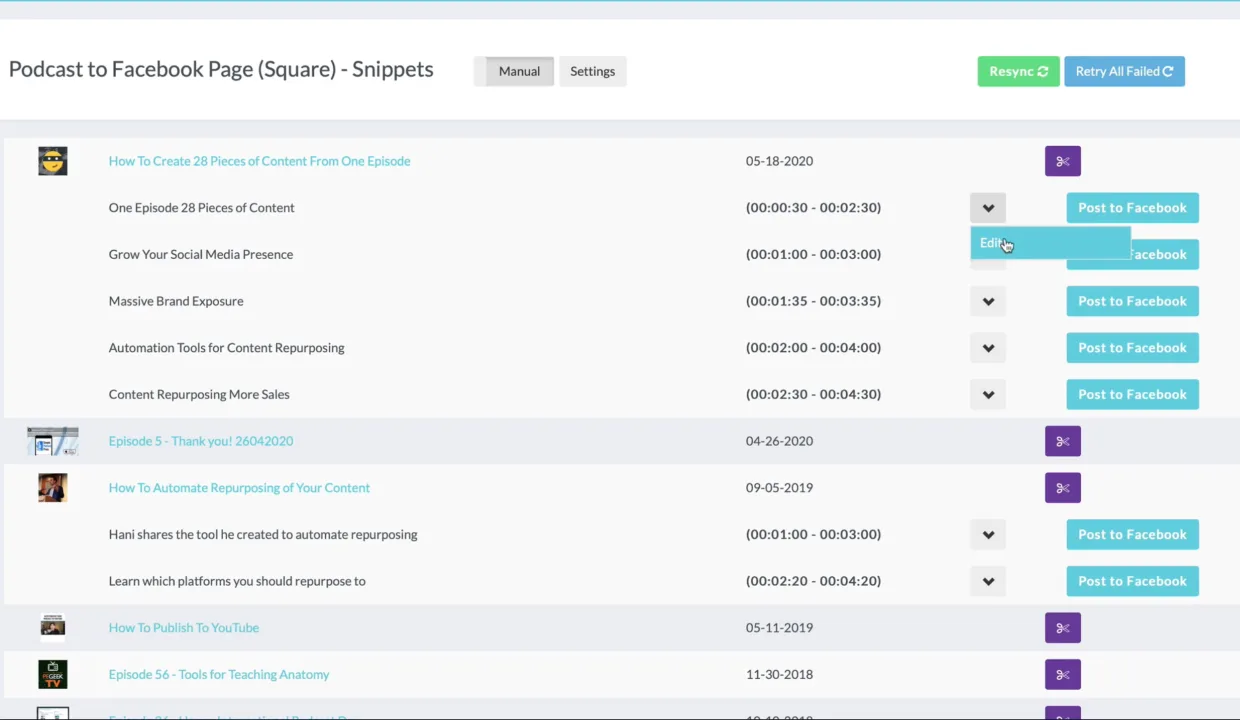 Before · Original workflow detail with snippets list, timestamps in raw 00:00:00 format, manual per-row publish buttons