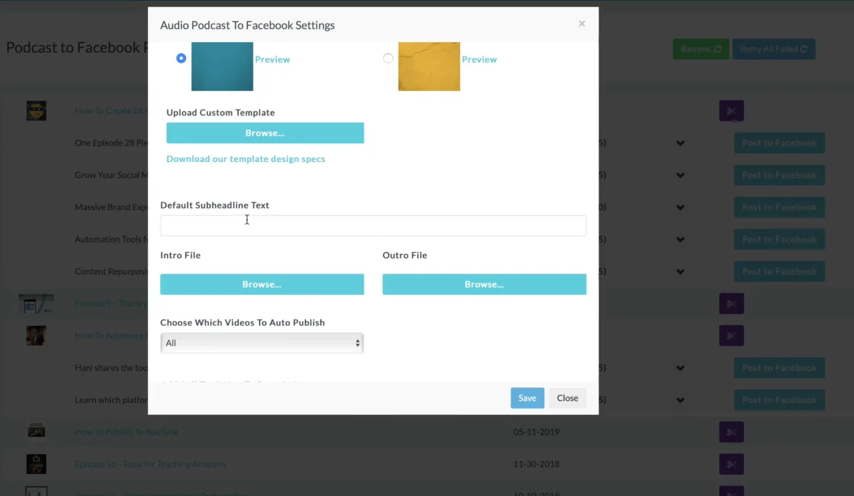 Before · Video style settings modal with no preview, upload template, intro and outro files, scattered controls