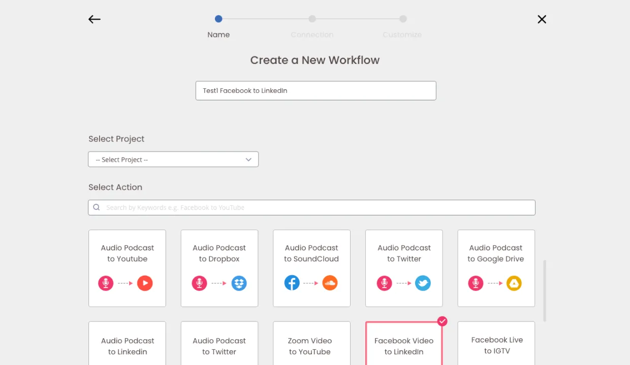 Repurpose Create New Workflow · Name step, three-step progress (Name active · Connection · Customize), Workflow Name input filled with 'Test1 Facebook to LinkedIn', Select Project dropdown, Select Action search, and a use-case template grid: Audio Podcast → YouTube / Dropbox / SoundCloud / Twitter / Google Drive / LinkedIn / Twitter, Zoom Video → YouTube, Facebook Video → LinkedIn (selected, coral border), Facebook Live → IGTV, goal-based starting points instead of a blank canvas