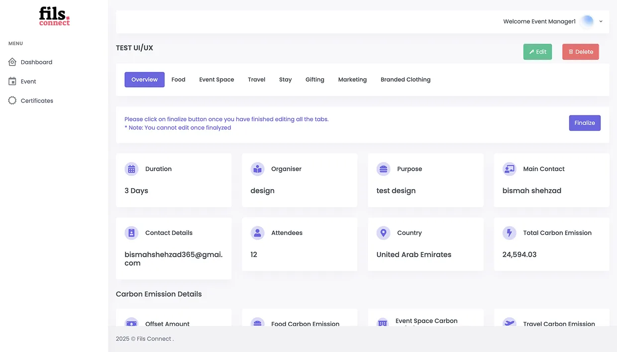 Old event detail, tab-based form with no progressive disclosure or running totals