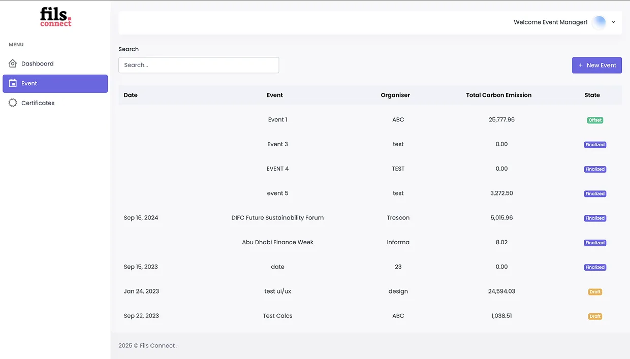 Old events list, flat table without filtering or pacing