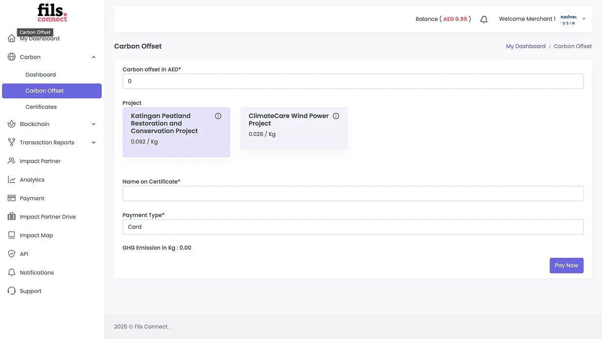 Old carbon offset marketplace, only two projects available, basic form layout