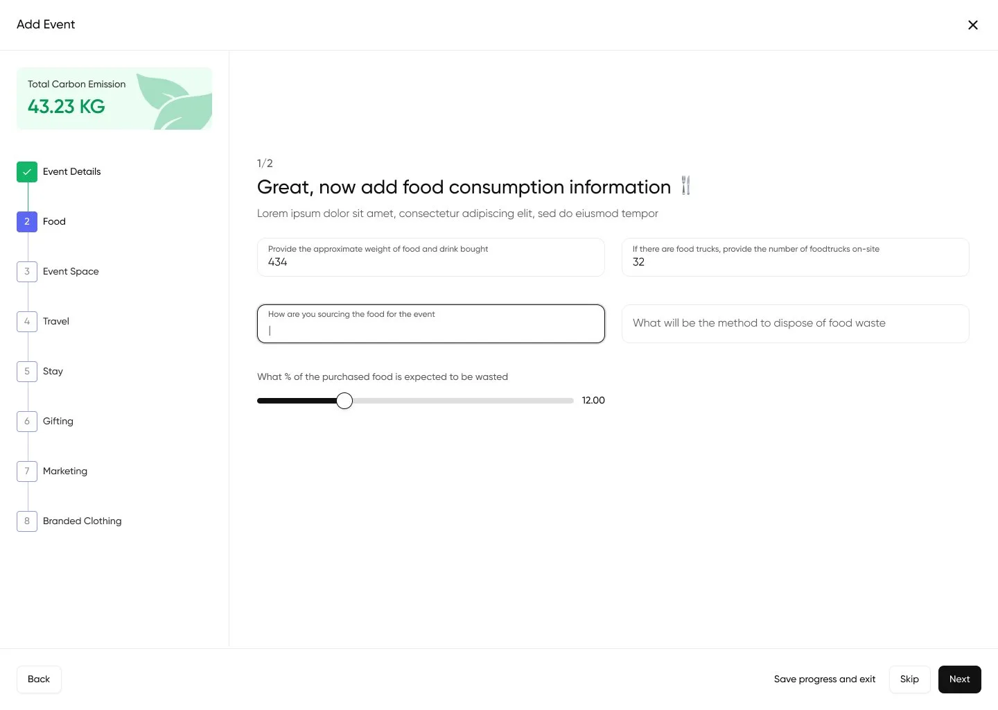 Event wizard step 2 of 8, food consumption