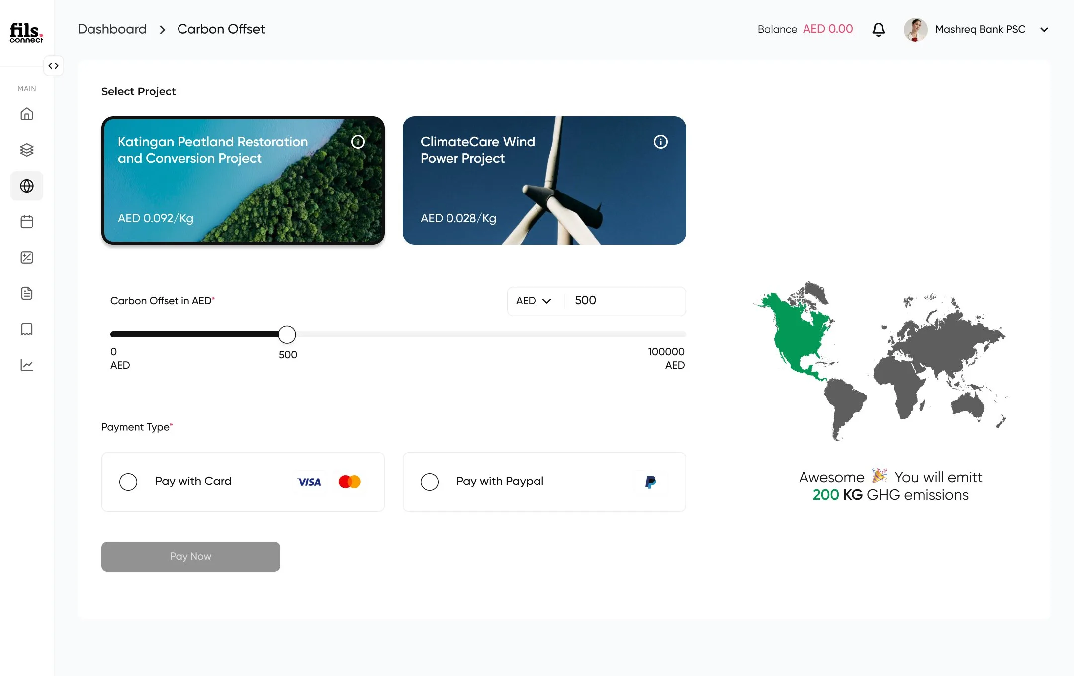 Carbon offset purchase flow with slider and payment