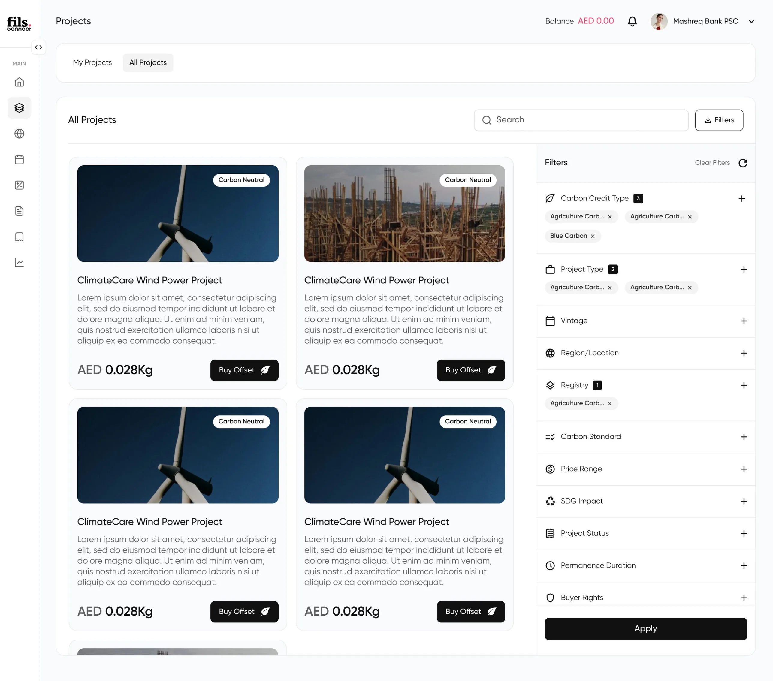 Projects marketplace with rich filter rail