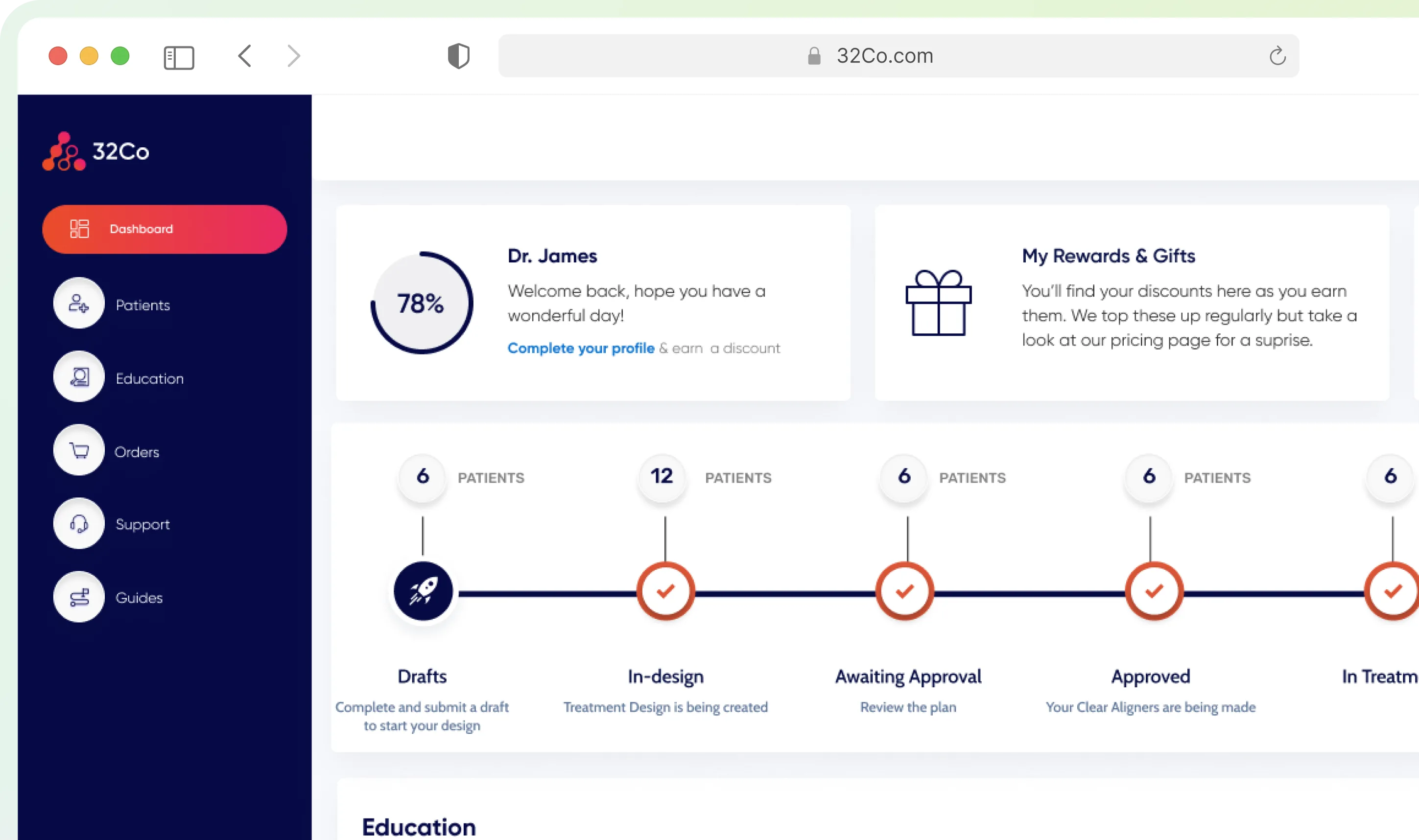 32co, dental SaaS dashboard with patient pipeline, case complexity calculator and orthodontic case management surfaces
